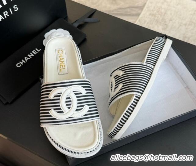 Durable Chanel Striped Slide Sandals Black 424107