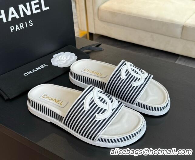 Durable Chanel Striped Slide Sandals Black 424107