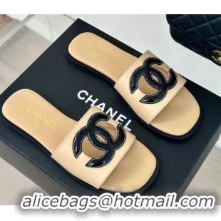 Grade Quality Chanel Calfskin Flat Slide Sandals with Maxi CC Beige 424108