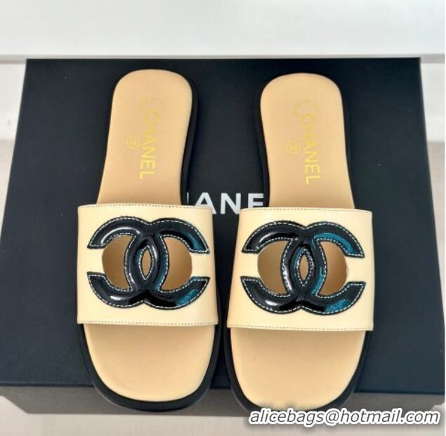 Grade Quality Chanel Calfskin Flat Slide Sandals with Maxi CC Beige 424108