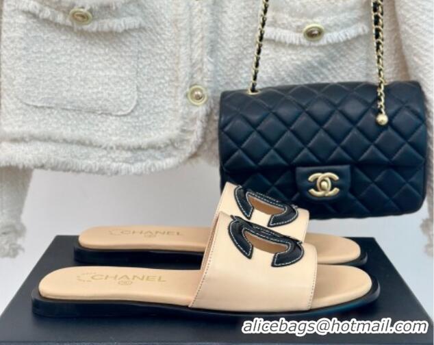 Grade Quality Chanel Calfskin Flat Slide Sandals with Maxi CC Beige 424108