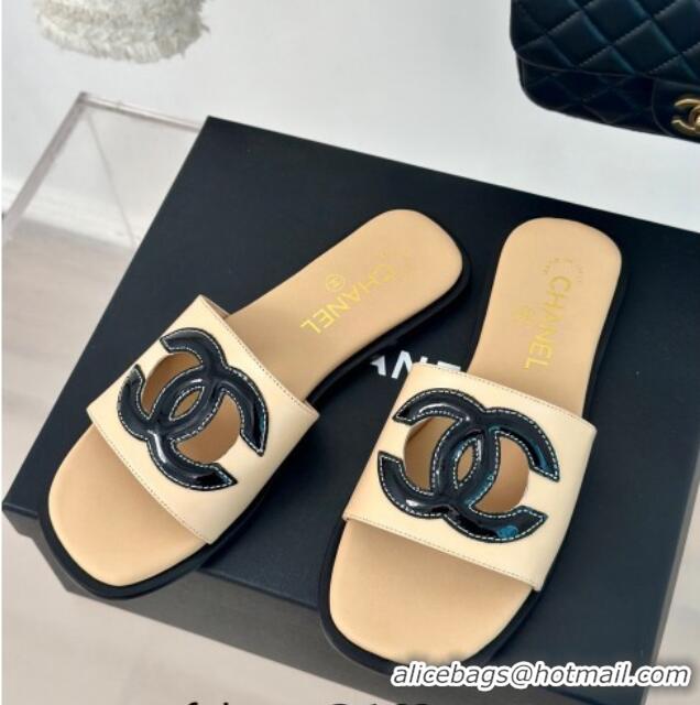 Grade Quality Chanel Calfskin Flat Slide Sandals with Maxi CC Beige 424108