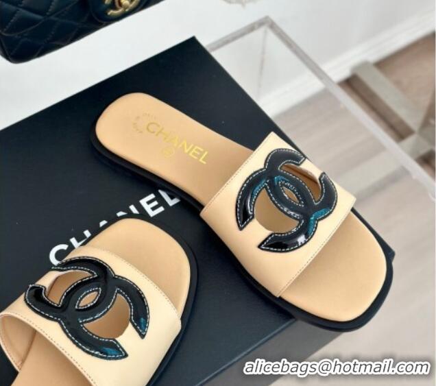 Grade Quality Chanel Calfskin Flat Slide Sandals with Maxi CC Beige 424108