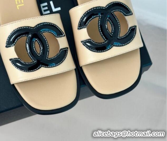 Grade Quality Chanel Calfskin Flat Slide Sandals with Maxi CC Beige 424108