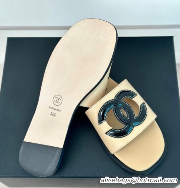 Grade Quality Chanel Calfskin Flat Slide Sandals with Maxi CC Beige 424108