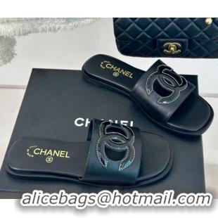 Crafted Chanel Calfskin Flat Slide Sandals with Maxi CC Black 424109