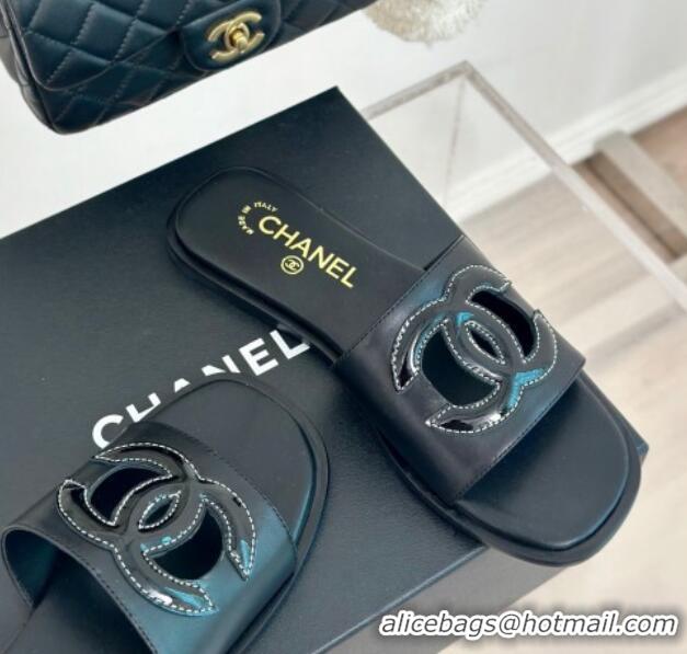 Crafted Chanel Calfskin Flat Slide Sandals with Maxi CC Black 424109