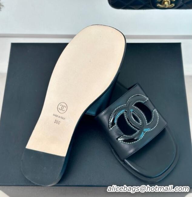 Crafted Chanel Calfskin Flat Slide Sandals with Maxi CC Black 424109