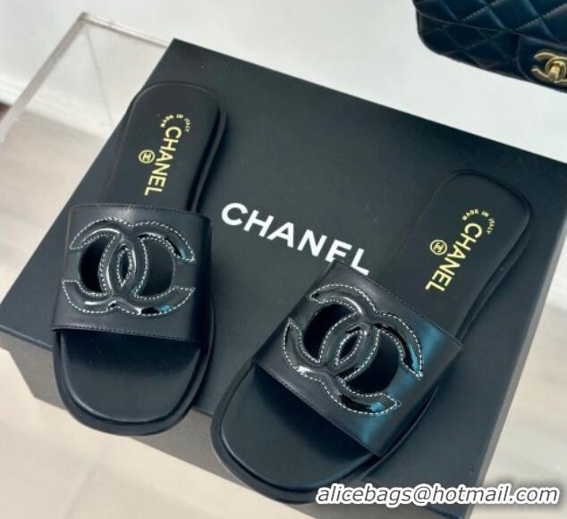 Crafted Chanel Calfskin Flat Slide Sandals with Maxi CC Black 424109