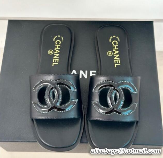 Crafted Chanel Calfskin Flat Slide Sandals with Maxi CC Black 424109