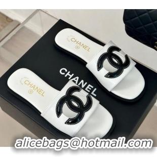 Best Product Chanel Calfskin Flat Slide Sandals with Maxi CC White 424110