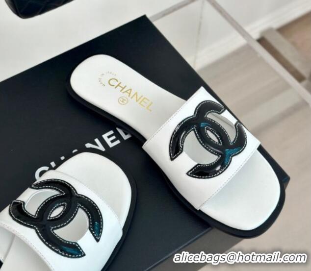 Best Product Chanel Calfskin Flat Slide Sandals with Maxi CC White 424110