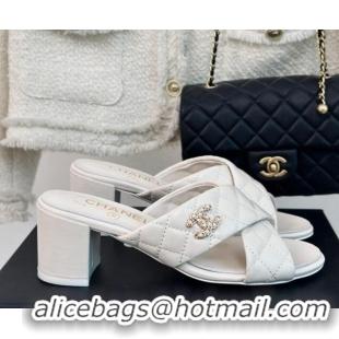 Low Cost Chanel Quilted Lambskin Heel Slide Sandals 5cm with Cross Strap White 424111