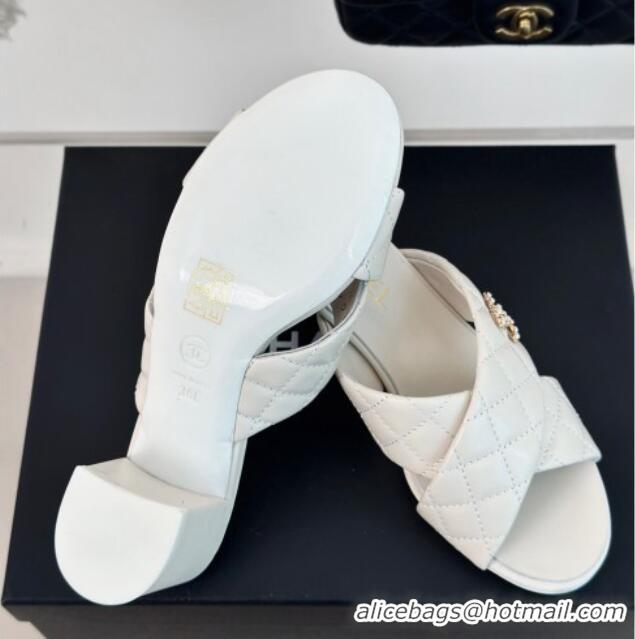 Low Cost Chanel Quilted Lambskin Heel Slide Sandals 5cm with Cross Strap White 424111