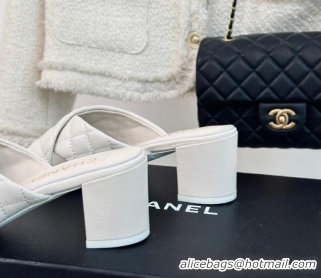 Low Cost Chanel Quilted Lambskin Heel Slide Sandals 5cm with Cross Strap White 424111