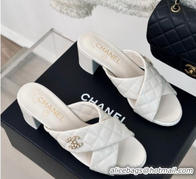 Low Cost Chanel Quilted Lambskin Heel Slide Sandals 5cm with Cross Strap White 424111