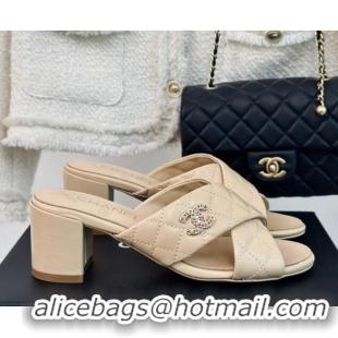 Most Popular Chanel Quilted Lambskin Heel Slide Sandals 5cm with Cross Strap Beige 424112