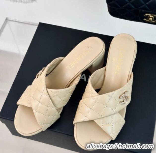 Most Popular Chanel Quilted Lambskin Heel Slide Sandals 5cm with Cross Strap Beige 424112