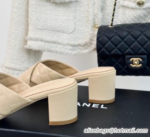 Most Popular Chanel Quilted Lambskin Heel Slide Sandals 5cm with Cross Strap Beige 424112