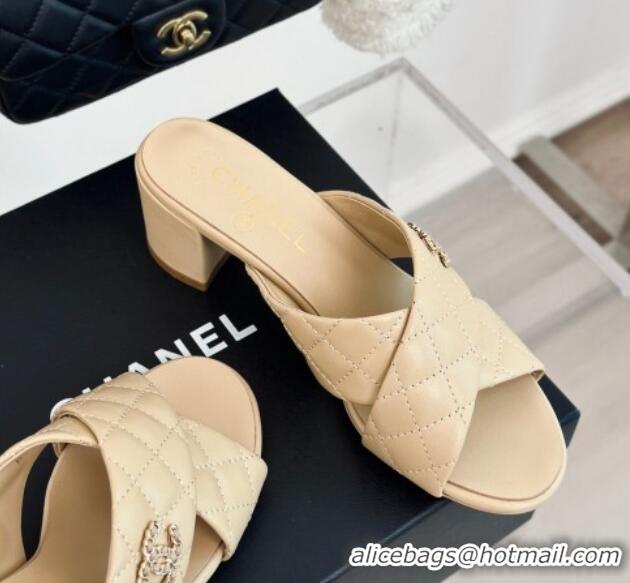 Most Popular Chanel Quilted Lambskin Heel Slide Sandals 5cm with Cross Strap Beige 424112