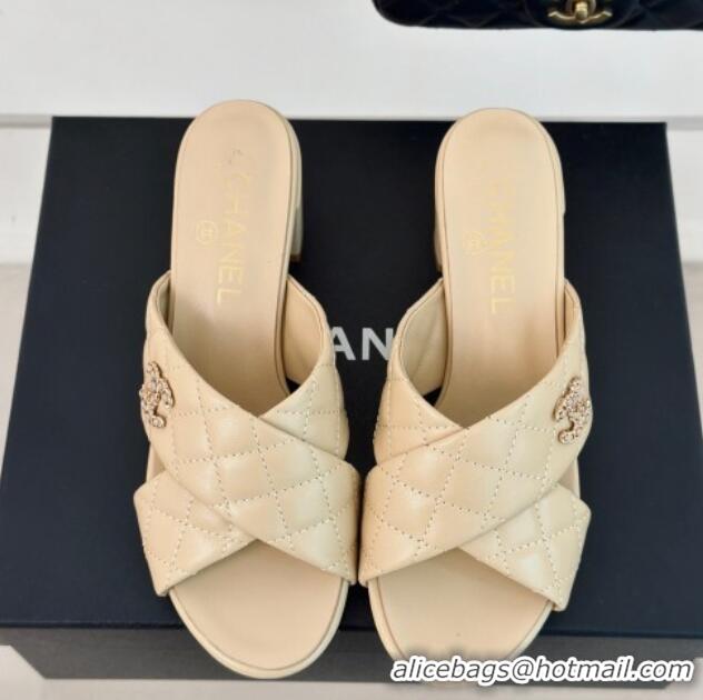 Most Popular Chanel Quilted Lambskin Heel Slide Sandals 5cm with Cross Strap Beige 424112