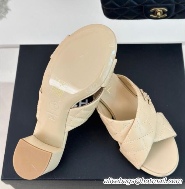 Most Popular Chanel Quilted Lambskin Heel Slide Sandals 5cm with Cross Strap Beige 424112