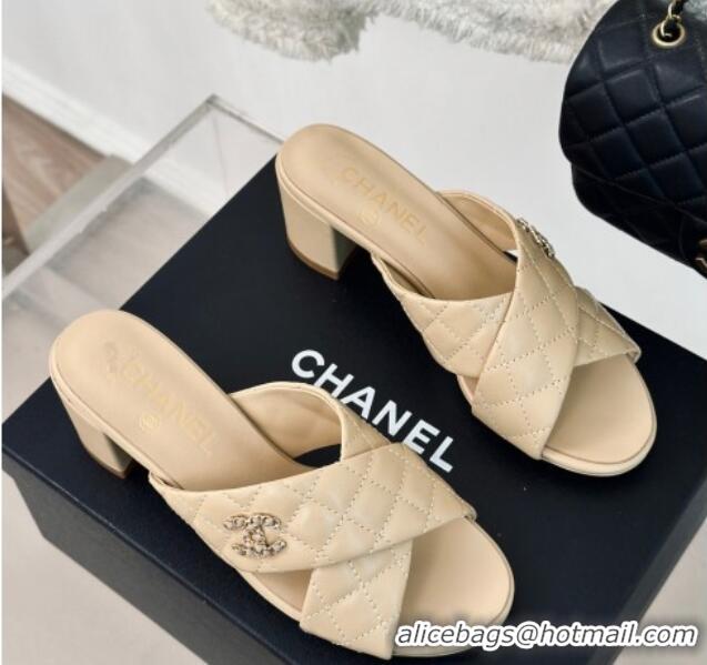 Most Popular Chanel Quilted Lambskin Heel Slide Sandals 5cm with Cross Strap Beige 424112