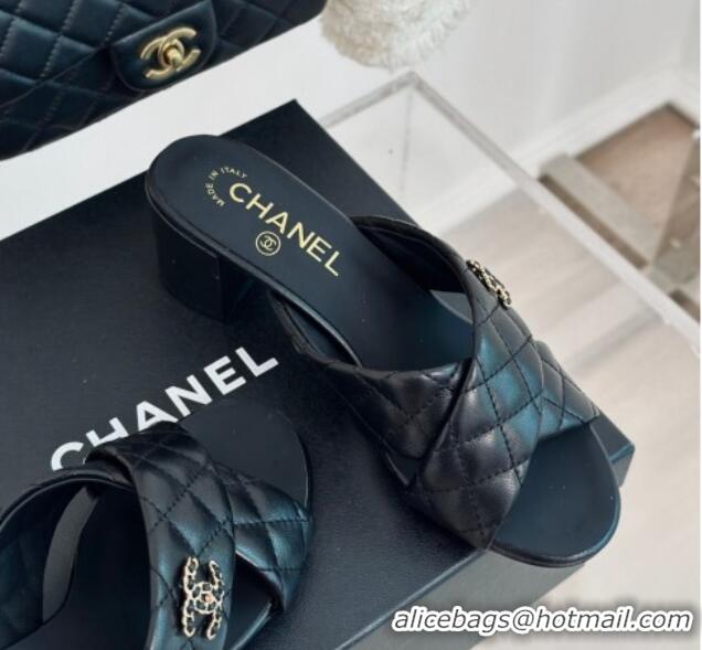 Low Price Chanel Quilted Lambskin Heel Slide Sandals 5cm with Cross Strap Black 424113