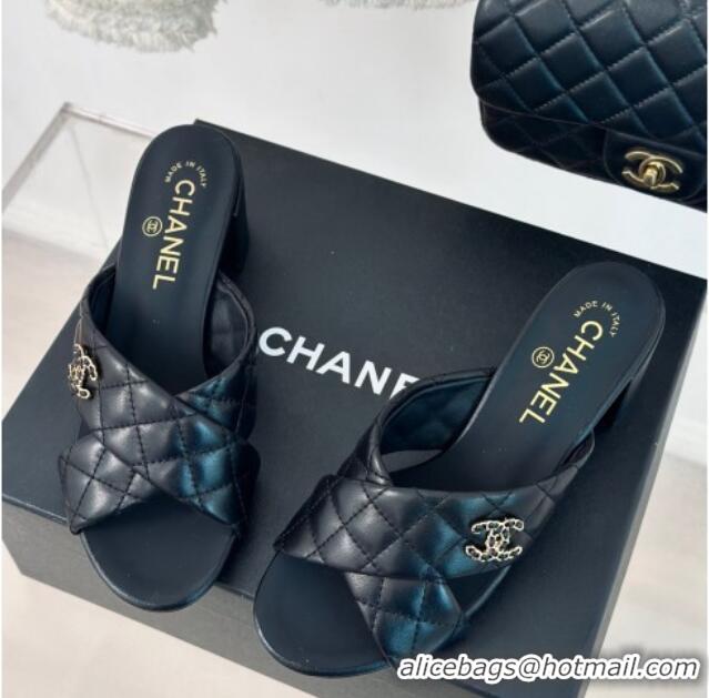 Low Price Chanel Quilted Lambskin Heel Slide Sandals 5cm with Cross Strap Black 424113