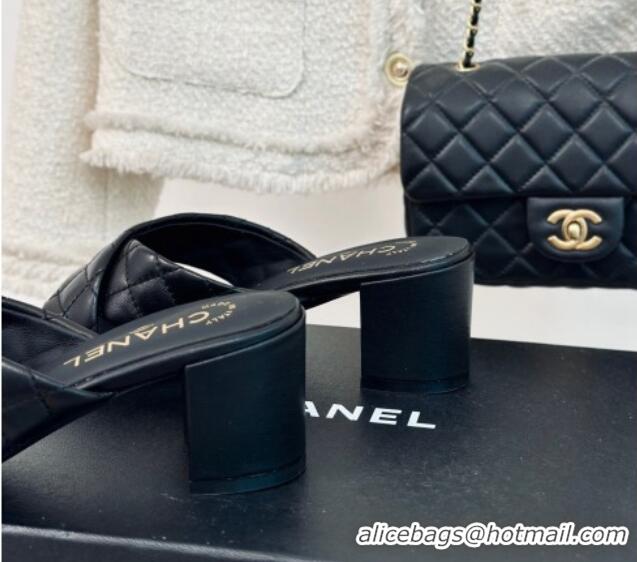 Low Price Chanel Quilted Lambskin Heel Slide Sandals 5cm with Cross Strap Black 424113