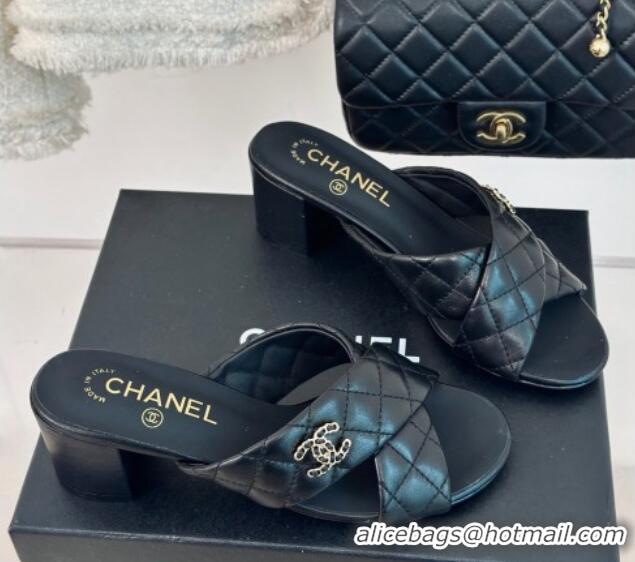 Low Price Chanel Quilted Lambskin Heel Slide Sandals 5cm with Cross Strap Black 424113