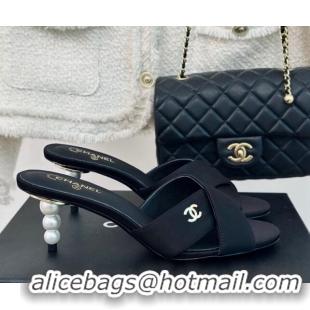 Top Design Chanel Satin Heel Slide Sandals 6cm with Pearls Heel Black 424114