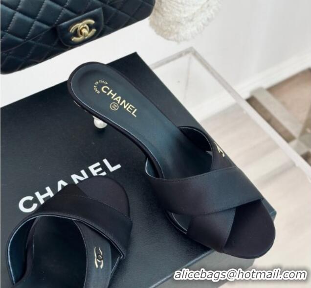 Top Design Chanel Satin Heel Slide Sandals 6cm with Pearls Heel Black 424114