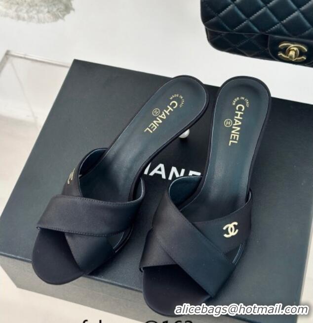 Top Design Chanel Satin Heel Slide Sandals 6cm with Pearls Heel Black 424114