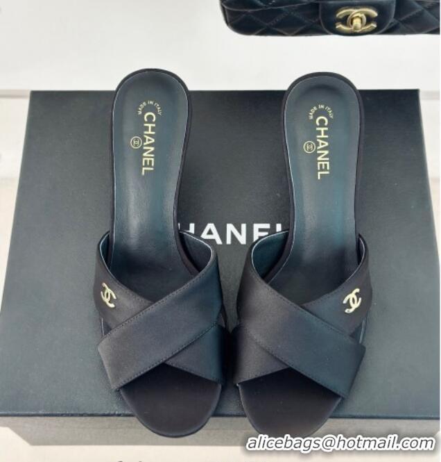 Top Design Chanel Satin Heel Slide Sandals 6cm with Pearls Heel Black 424114