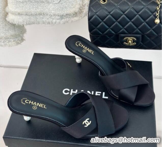 Top Design Chanel Satin Heel Slide Sandals 6cm with Pearls Heel Black 424114