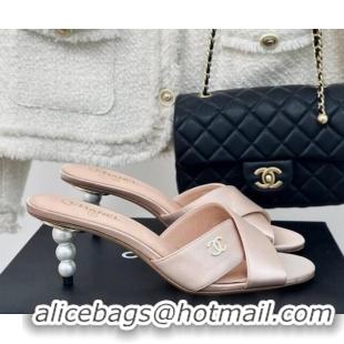 Trendy Design Chanel Satin Heel Slide Sandals 6cm with Pearls Heel Pink 424115