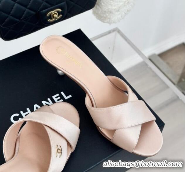 Trendy Design Chanel Satin Heel Slide Sandals 6cm with Pearls Heel Pink 424115