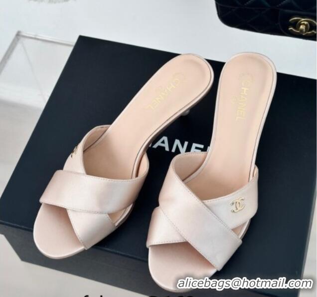 Trendy Design Chanel Satin Heel Slide Sandals 6cm with Pearls Heel Pink 424115