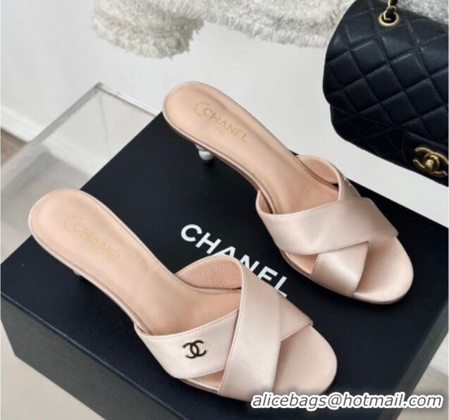 Trendy Design Chanel Satin Heel Slide Sandals 6cm with Pearls Heel Pink 424115