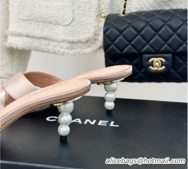 Trendy Design Chanel Satin Heel Slide Sandals 6cm with Pearls Heel Pink 424115