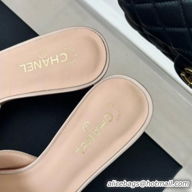 Trendy Design Chanel Satin Heel Slide Sandals 6cm with Pearls Heel Pink 424115