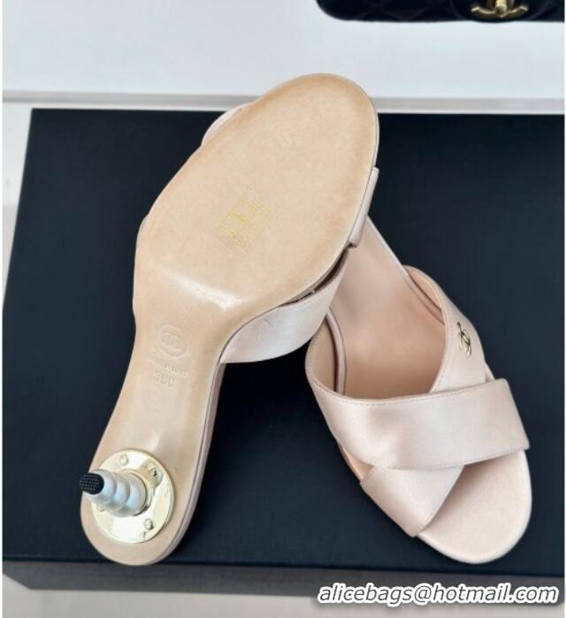 Trendy Design Chanel Satin Heel Slide Sandals 6cm with Pearls Heel Pink 424115