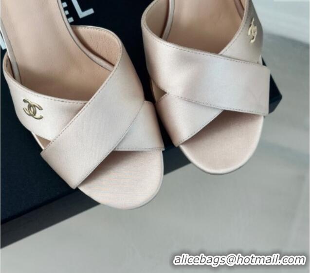 Trendy Design Chanel Satin Heel Slide Sandals 6cm with Pearls Heel Pink 424115