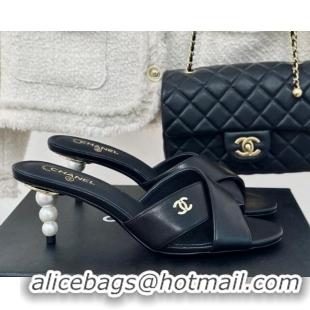 Shop Duplicate Chanel Lambskin Heel Slide Sandals 6cm with Pearls Heel Black 424116