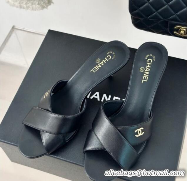 Shop Duplicate Chanel Lambskin Heel Slide Sandals 6cm with Pearls Heel Black 424116