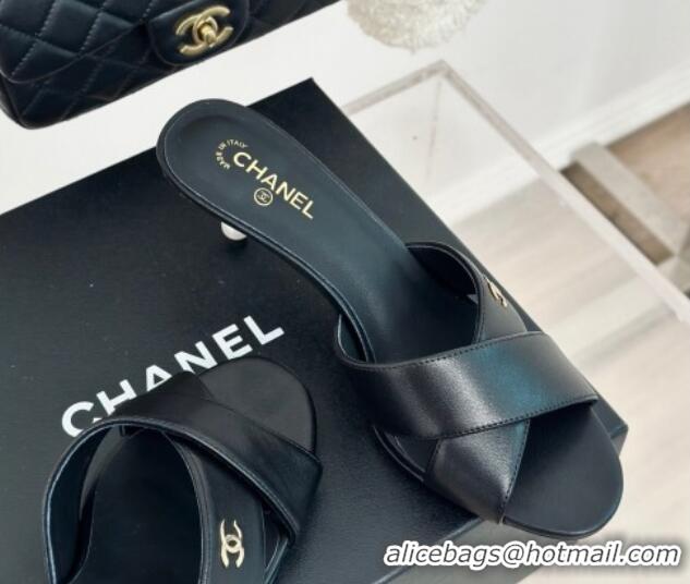 Shop Duplicate Chanel Lambskin Heel Slide Sandals 6cm with Pearls Heel Black 424116