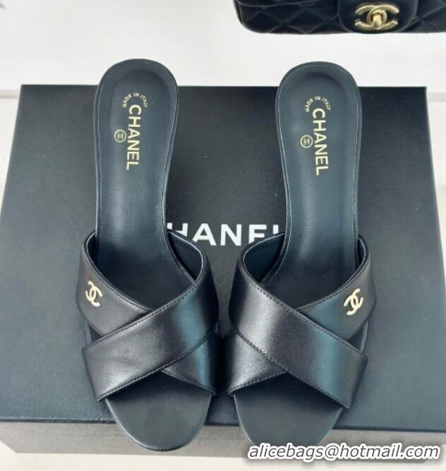 Shop Duplicate Chanel Lambskin Heel Slide Sandals 6cm with Pearls Heel Black 424116