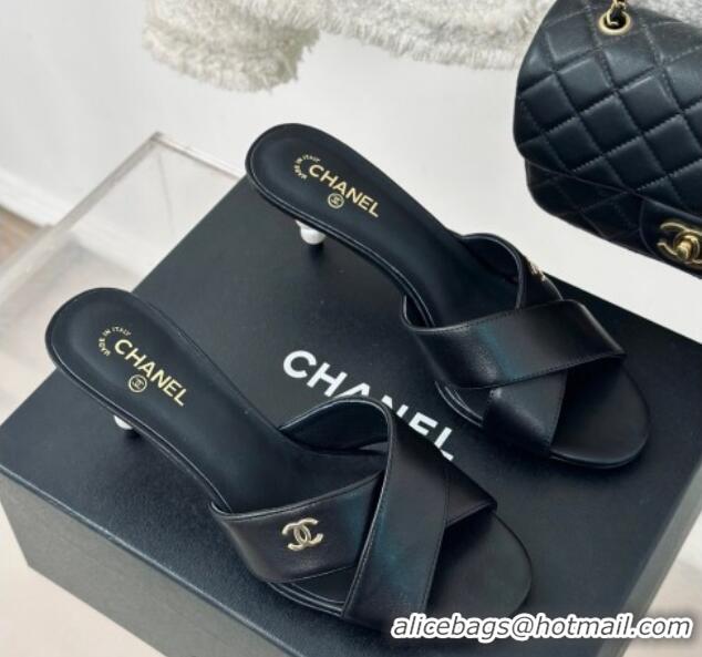 Shop Duplicate Chanel Lambskin Heel Slide Sandals 6cm with Pearls Heel Black 424116