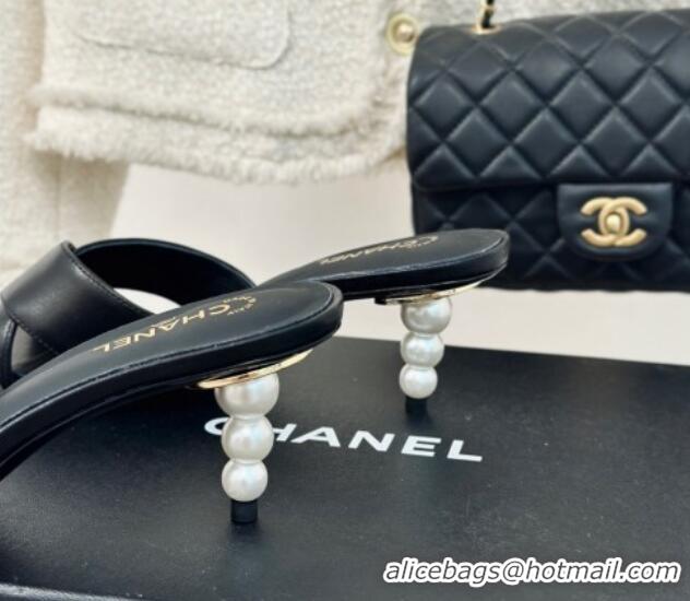 Shop Duplicate Chanel Lambskin Heel Slide Sandals 6cm with Pearls Heel Black 424116